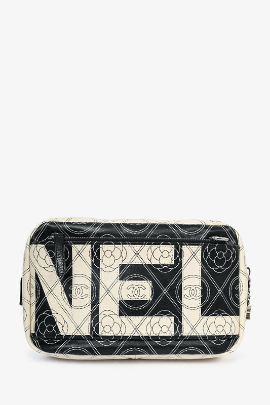 Pre-Loved Chanel™ 2017/18 Black/White Coated Canvas Camellia Logo Camera Bag with Strap