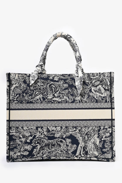 Christian Dior 2021 Navy Toile de Jouy Canvas Large Book Tote with Twillys