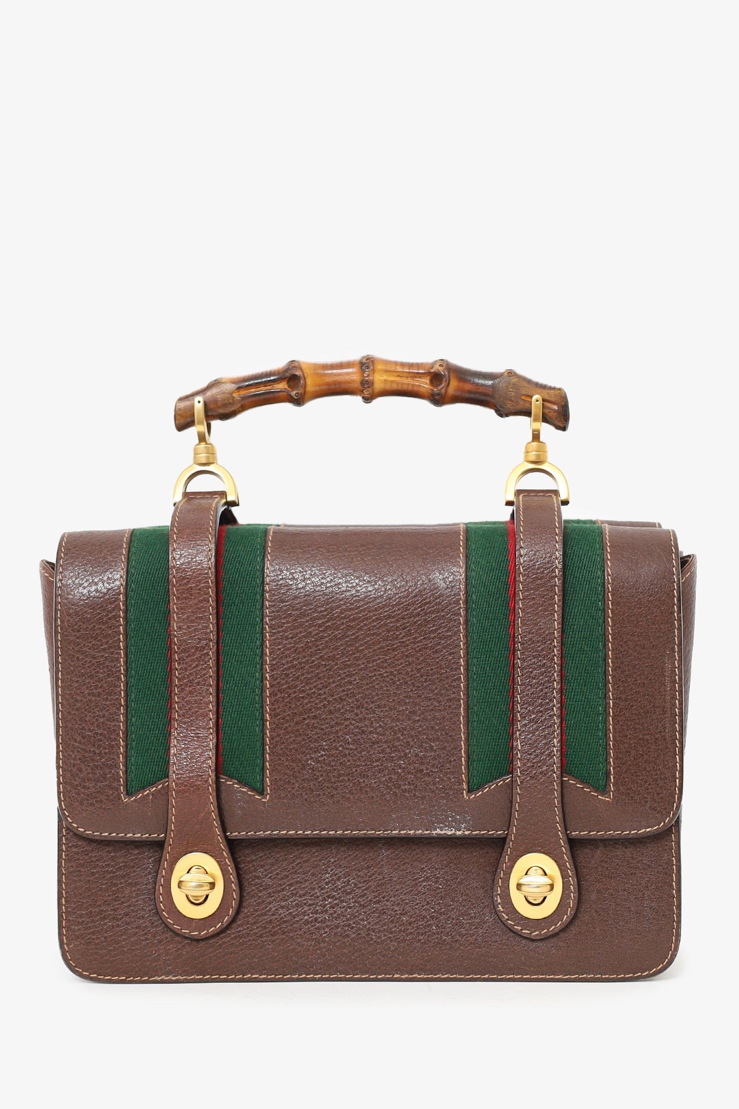 Gucci Brown Leather/Cavas Vintage Bamboo Top Handle Bag with Strap