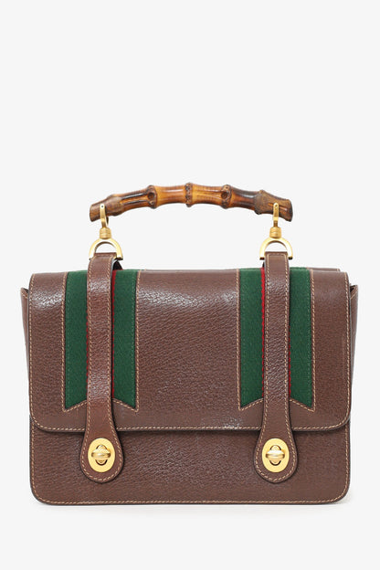 Gucci Brown Leather/Cavas Vintage Bamboo Top Handle Bag with Strap