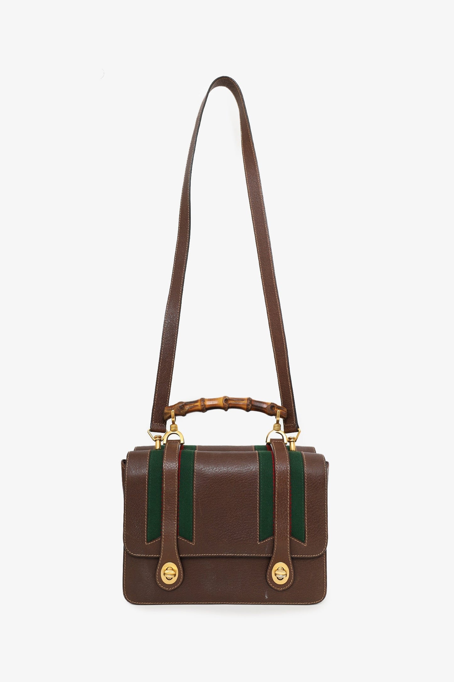 Gucci Brown Leather/Cavas Vintage Bamboo Top Handle Bag with Strap