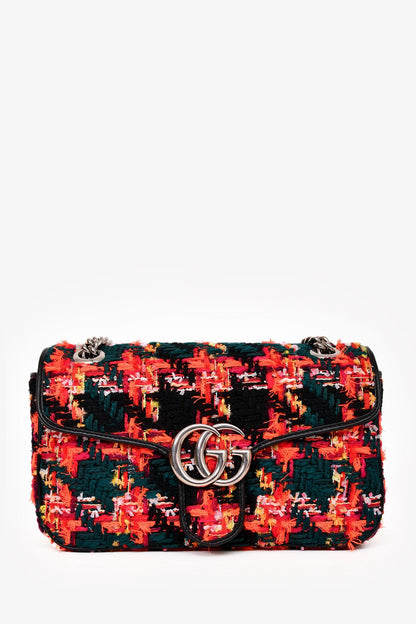 Gucci Orange/Green Tweed Leather Trimmed GG Marmont Small Shoulder Bag