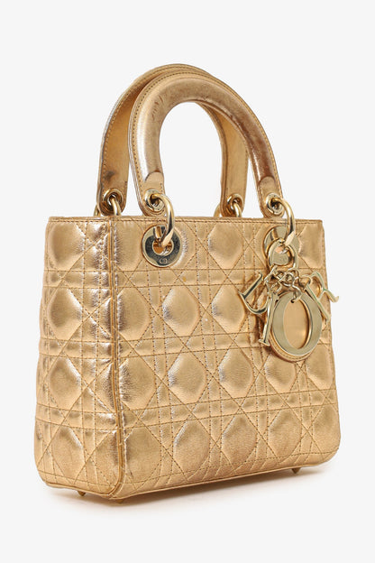 Christian Dior 2019 Gold Leather Small Lady Dior Bag with Strap