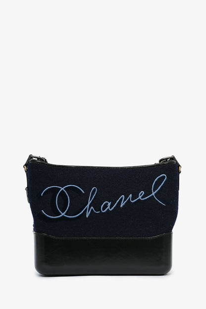 Pre-Loved Chanel™ 2019 Navy Wool 'Paris Hamburg' Embroidered Large Gabrielle Hobo