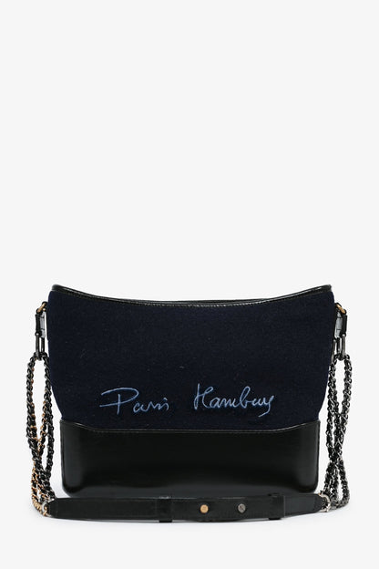 Pre-Loved Chanel™ 2019 Navy Wool 'Paris Hamburg' Embroidered Large Gabrielle Hobo