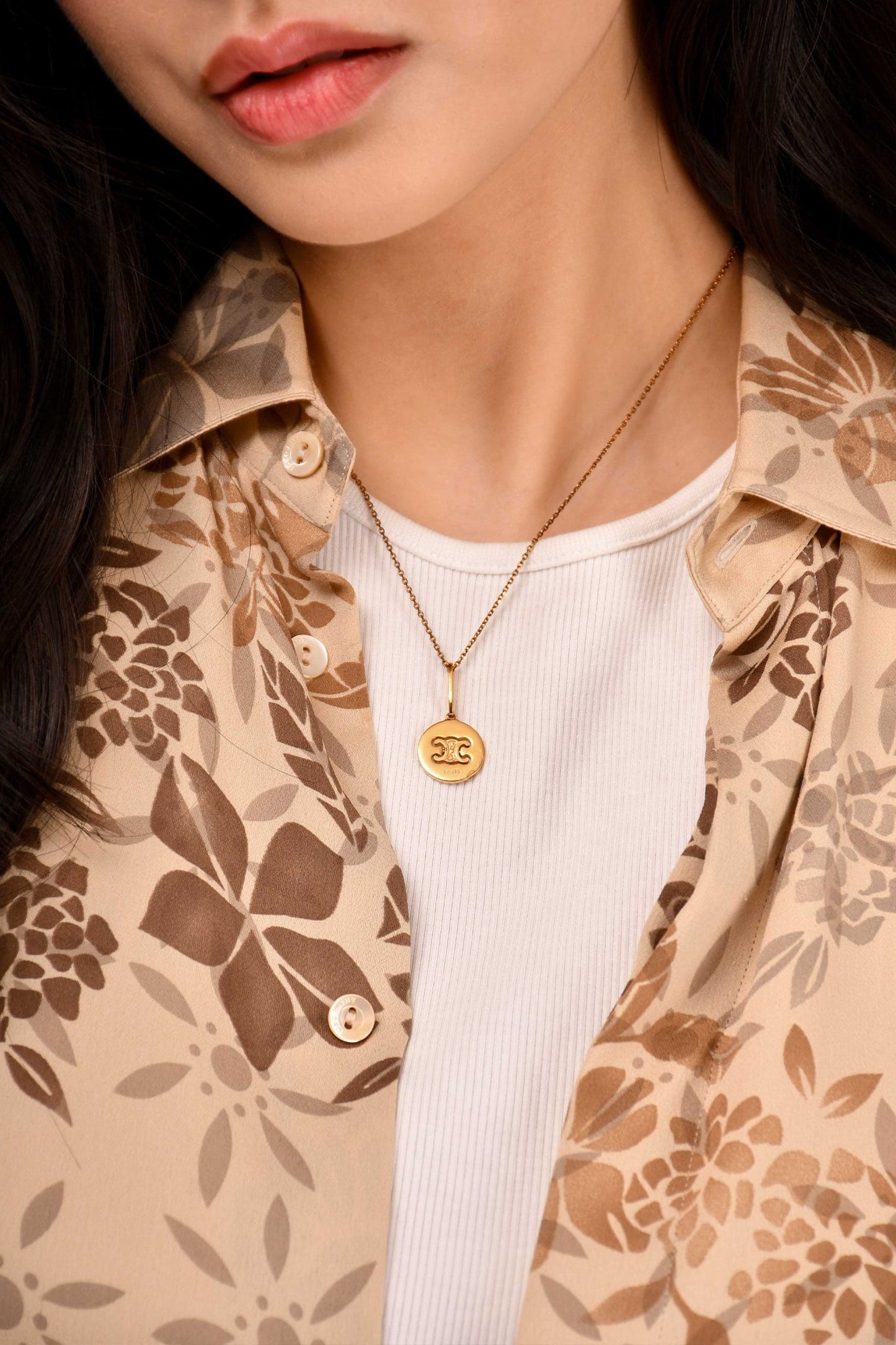 Celine Gold Tone Triomphe Logo Pendant Necklace