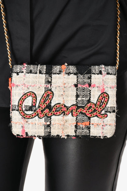 Pre-Loved Chanel™ 2019 Pink/Black/Cream Tweed Wallet On Chain