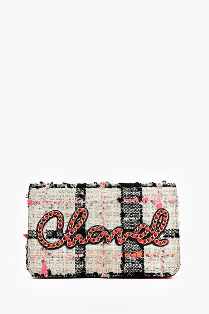 Pre-Loved Chanel™ 2019 Pink/Black/Cream Tweed Wallet On Chain