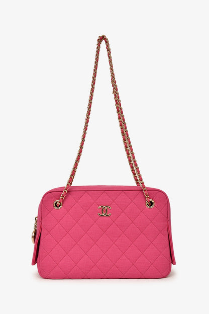 Pre-Loved Chanel™ 2019-20 Fuchsia Quilted Jersey Zip Double Chain Bag