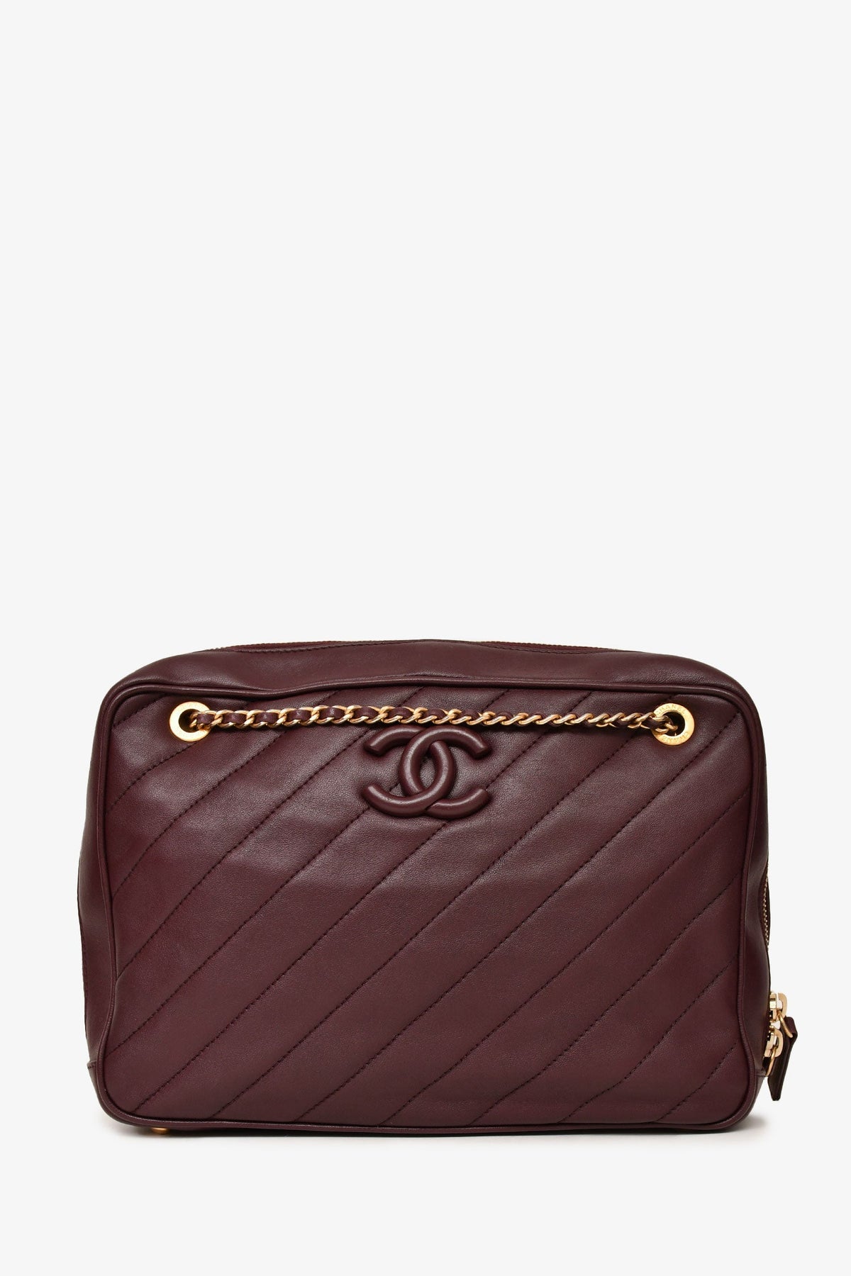 Pre-Loved Chanel™ 2015-16 Eggplant Purple Diagonal Leather Camera Case Double Chain Shoulder Bag