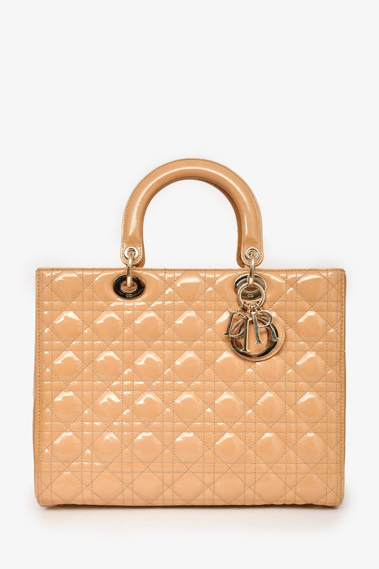 Christian Dior Beige Cannage Patent Leather Large Lady Dior Tote with Strap