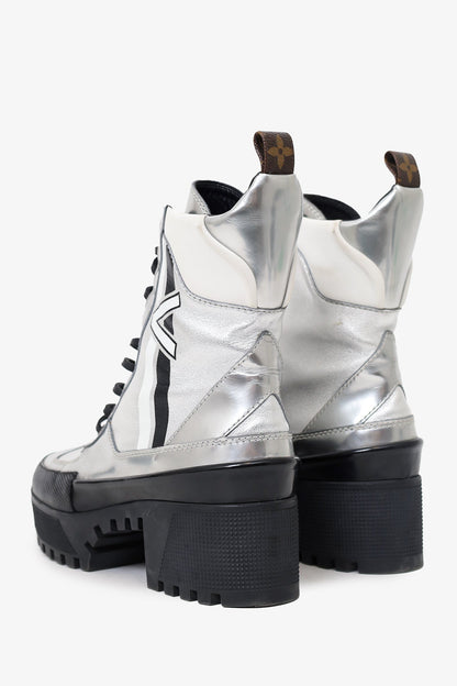Louis Vuitton Silver Leather Spaceship Laureate Platform Desert Boots Size 38