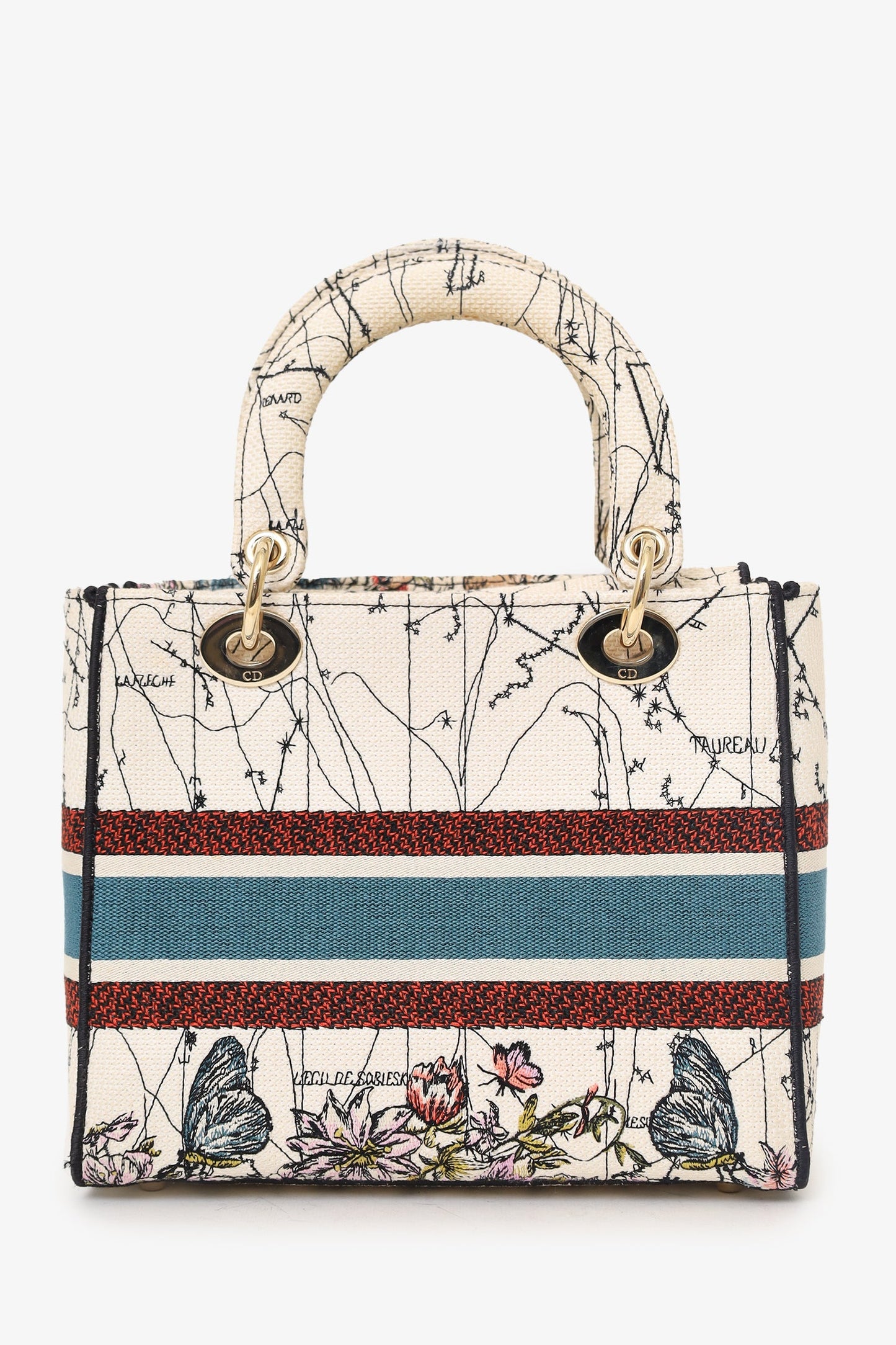 Christian Dior 2021 Blue/Red Embroidered Medium Lady D-Lite Bag with Strap