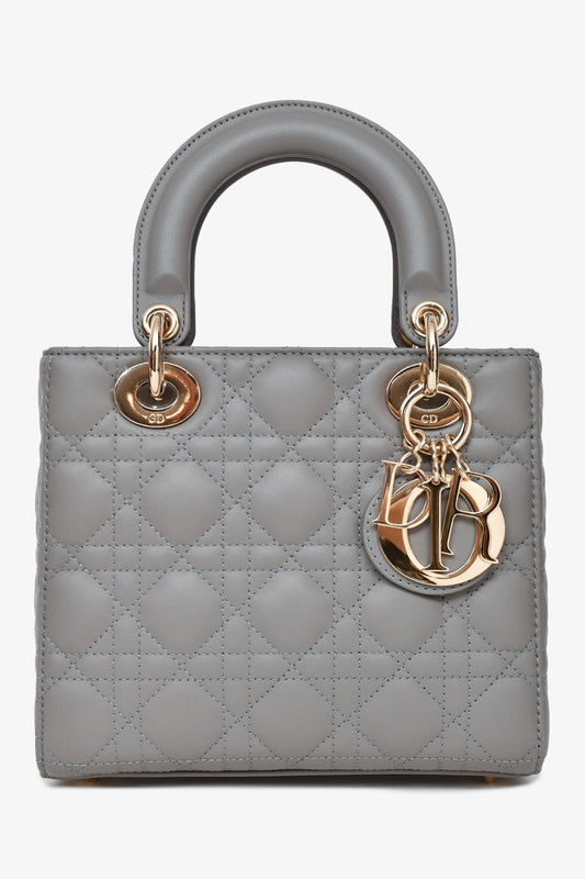 Christian Dior 2023 Grey Leather Cannage Small Lady Dior with Strap