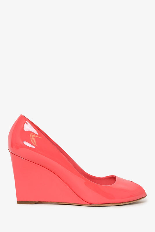 Christian Dior Pink Patent Leather Peep Toe Wedge Heels Size 41.5