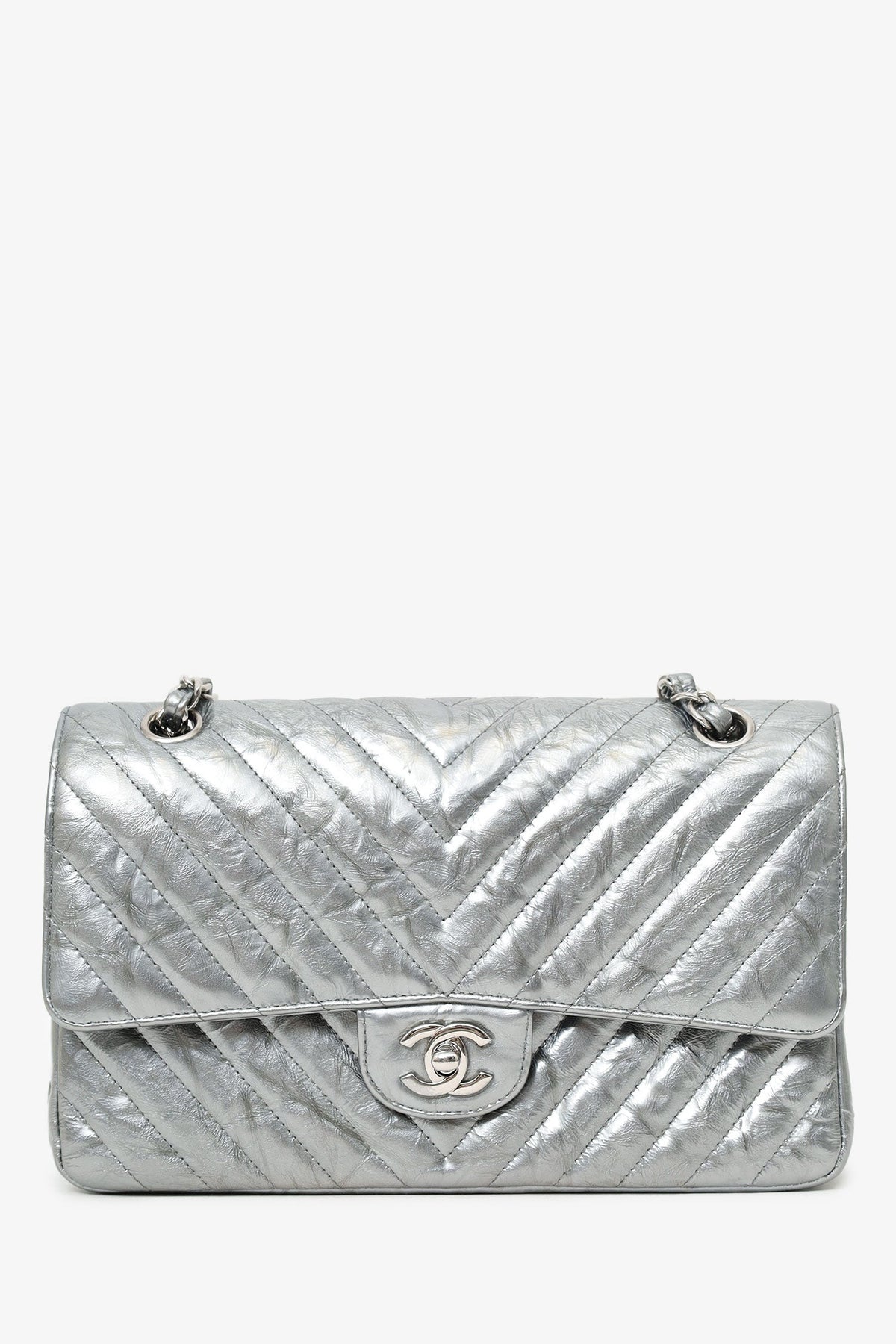 Pre-Loved Chanel™ 2018 Silver Metallic Patent Crumpled Calfskin Chevron Quilted Medium Double Flap