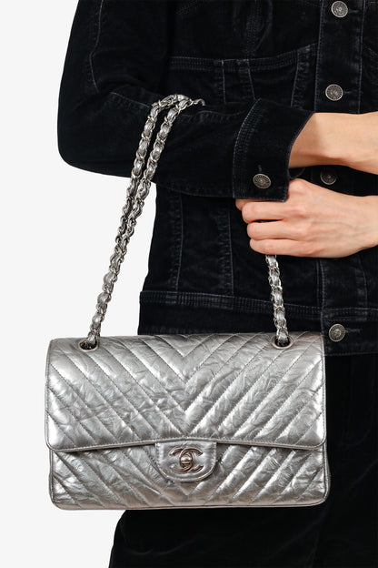 Pre-Loved Chanel™ 2018 Silver Metallic Patent Crumpled Calfskin Chevron Quilted Medium Double Flap