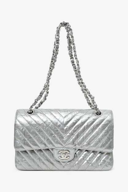 Pre-Loved Chanel™ 2018 Silver Metallic Patent Crumpled Calfskin Chevron Quilted Medium Double Flap