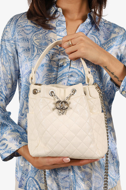 Pre-Loved Chanel™ 2019-20 Cream Caviar Leather CC Chain Drawstring Bucket Bag