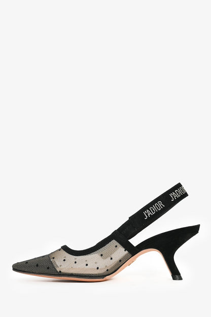Christian Dior Black Polka Dot Mesh J'Adior Slingback Heels Size 35