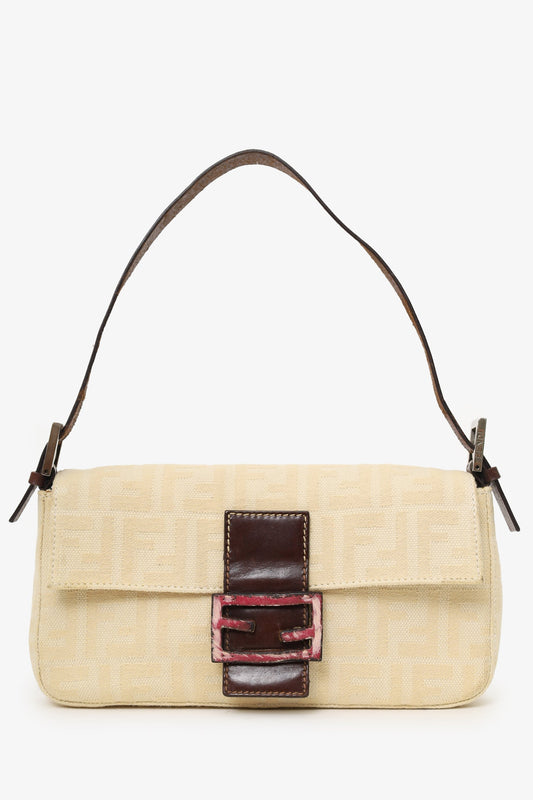 Fendi Beige Zucca Baguette Shoulder Bag with  Fur Buckle
