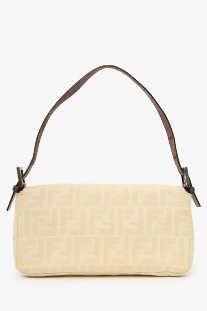Fendi Beige Zucca Baguette Shoulder Bag with  Fur Buckle