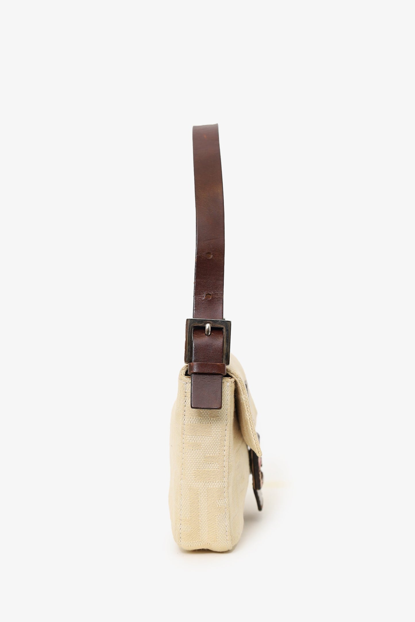 Fendi Beige Zucca Baguette Shoulder Bag with  Fur Buckle