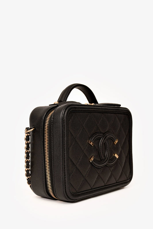 Pre-Loved Chanel™ 2019-20 Black Caviar Leather Filigree Small Vanity Case Crossbody