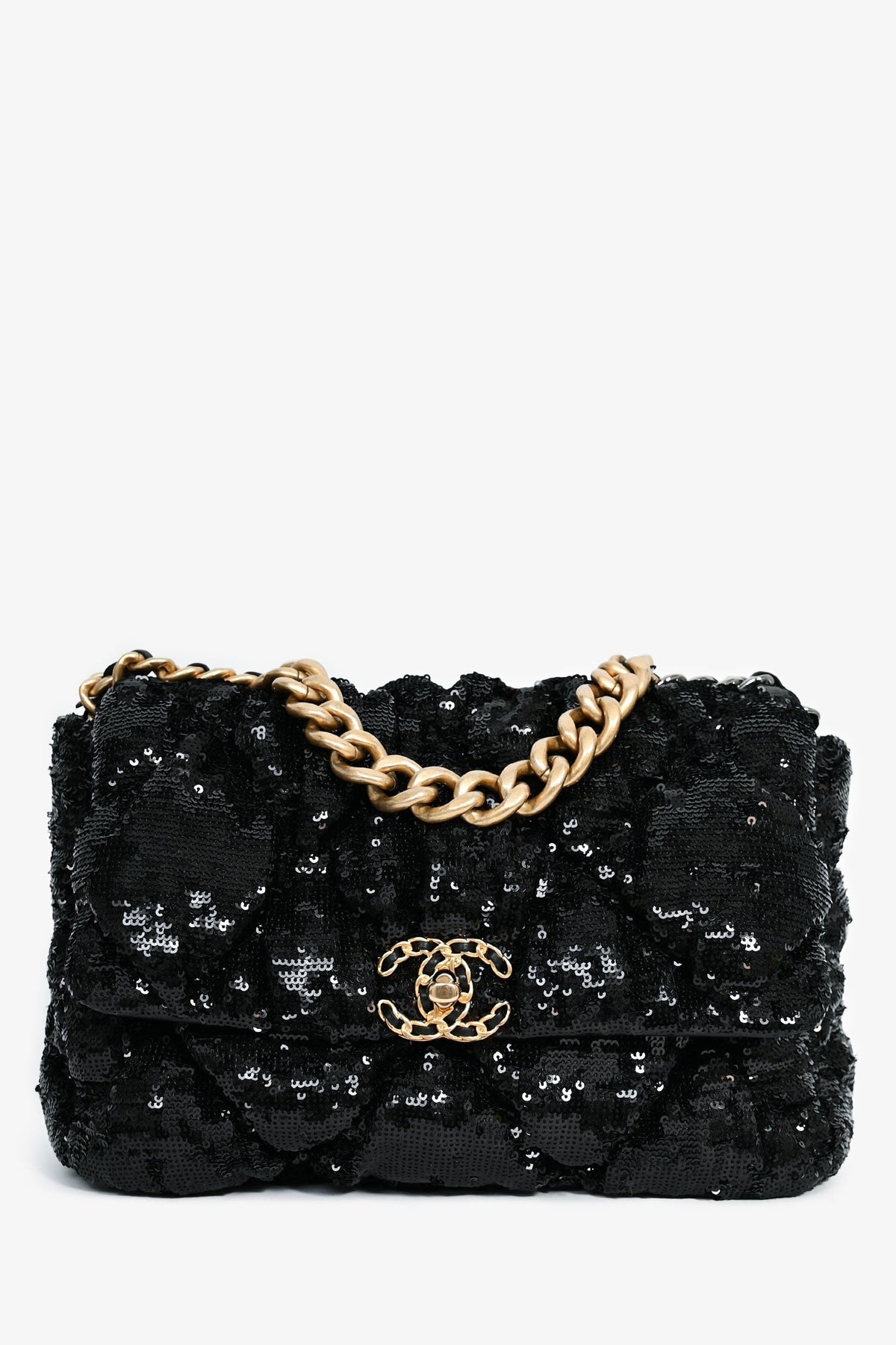 Pre-Loved Chanel™ Black Sequin Tweed Large 19 Flap Bag