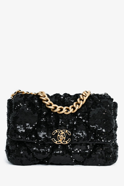 Pre-Loved Chanel™ Black Sequin Tweed Large 19 Flap Bag