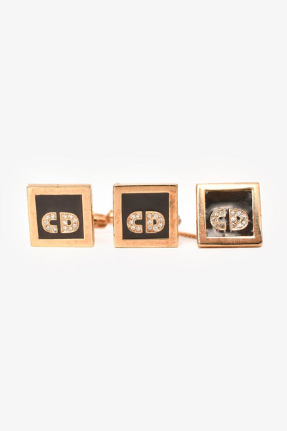 Christian Dior Vintage Gold Tone/Black Enamel Crystal Embellished Cufflinks Set of 3