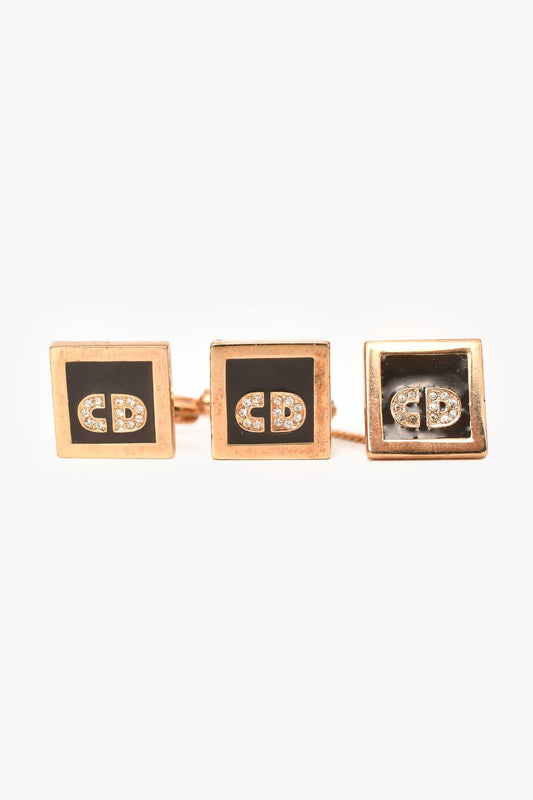 Christian Dior Vintage Gold Tone/Black Enamel Crystal Embellished Cufflinks Set of 3
