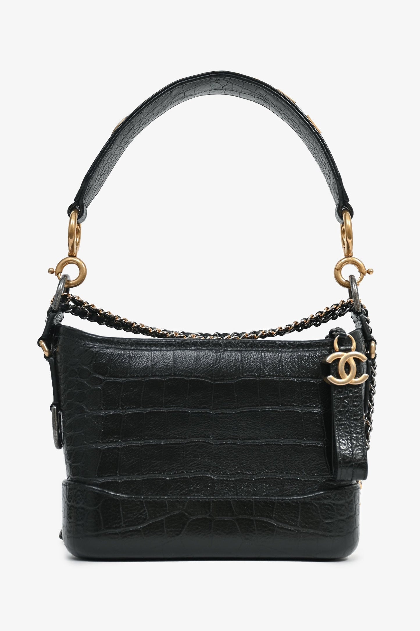 Pre-Loved Chanel™ 2019-20 Black Croc Embossed Leather Medium Gabrielle Crossbody Bag with Logo Strap