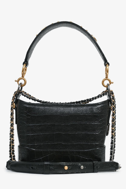 Pre-Loved Chanel™ 2019-20 Black Croc Embossed Leather Medium Gabrielle Crossbody Bag with Logo Strap