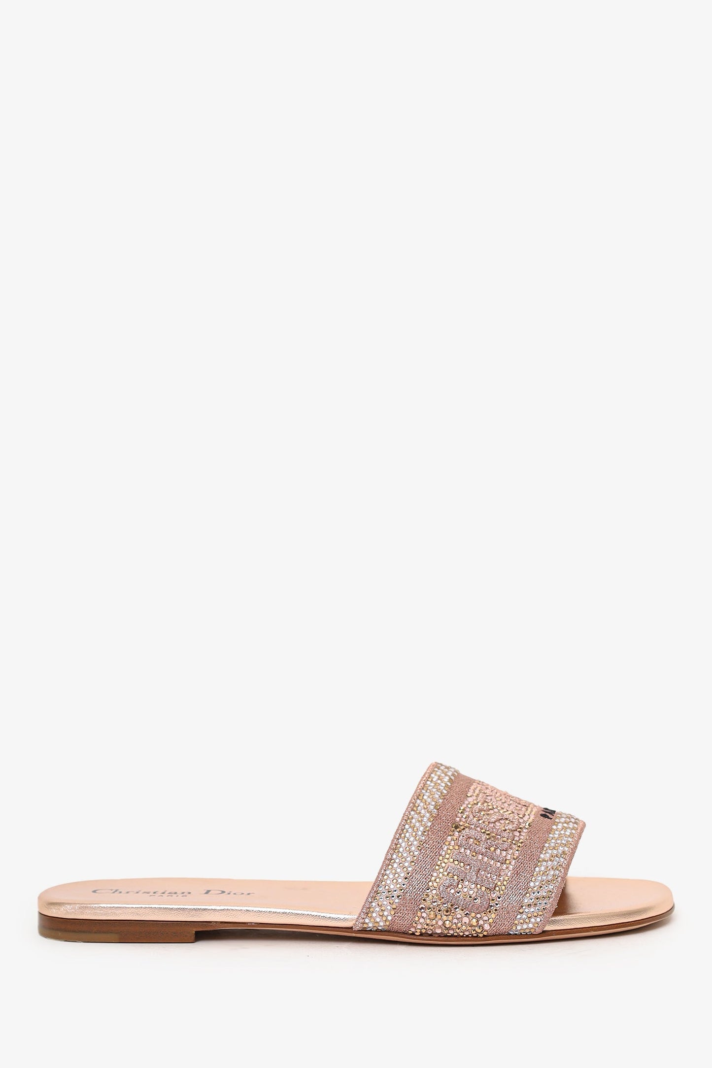 Christian Dior Rose Gold Metallic Canvas Crystal Embellished D-Way Flat Slides Size 36.5