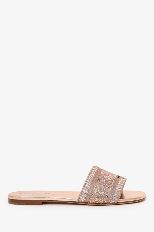 Christian Dior Rose Gold Metallic Canvas Crystal Embellished D-Way Flat Slides Size 36.5