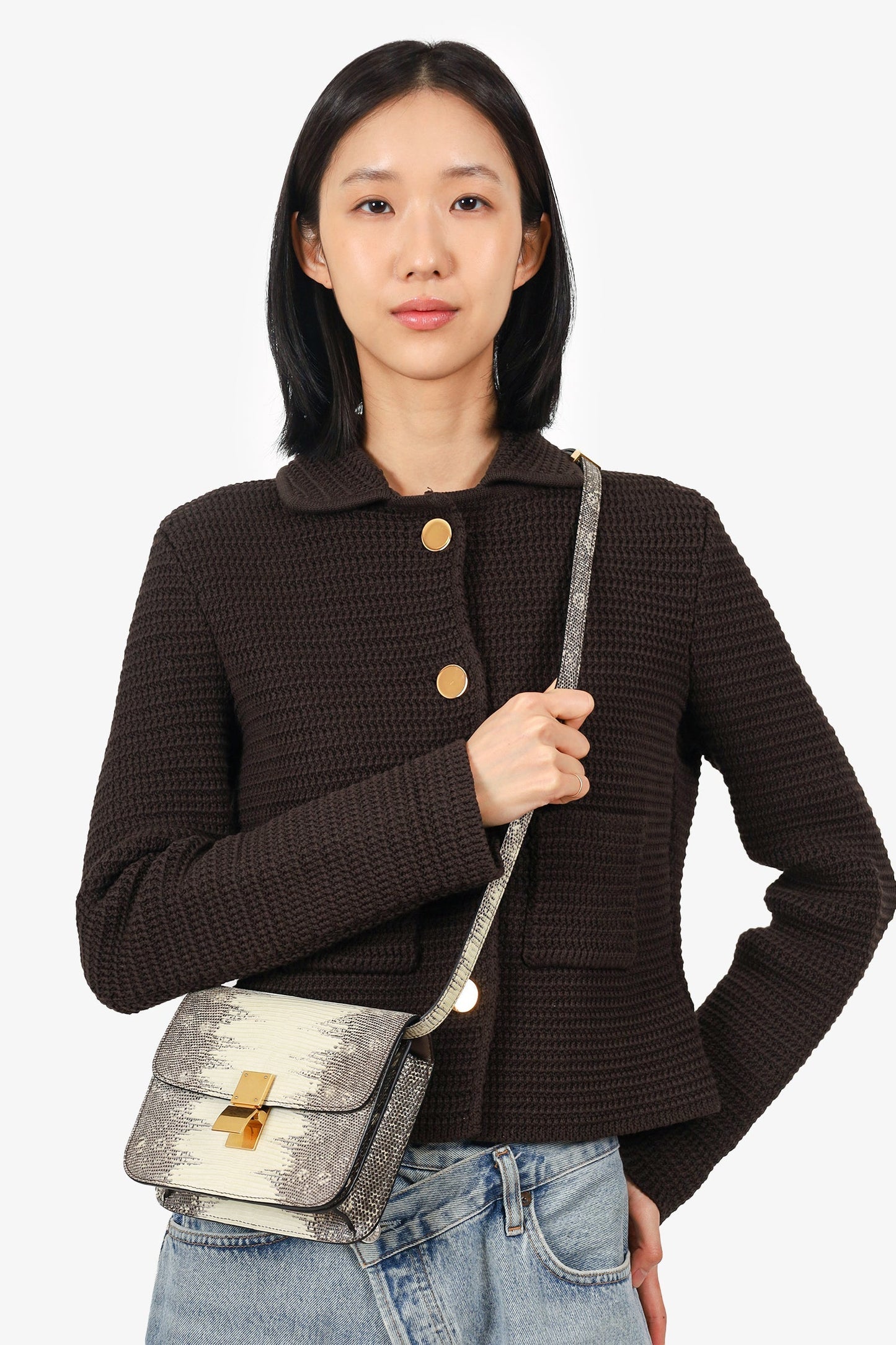Celine Grey/Cream Lizard Box Teen Bag with Strap