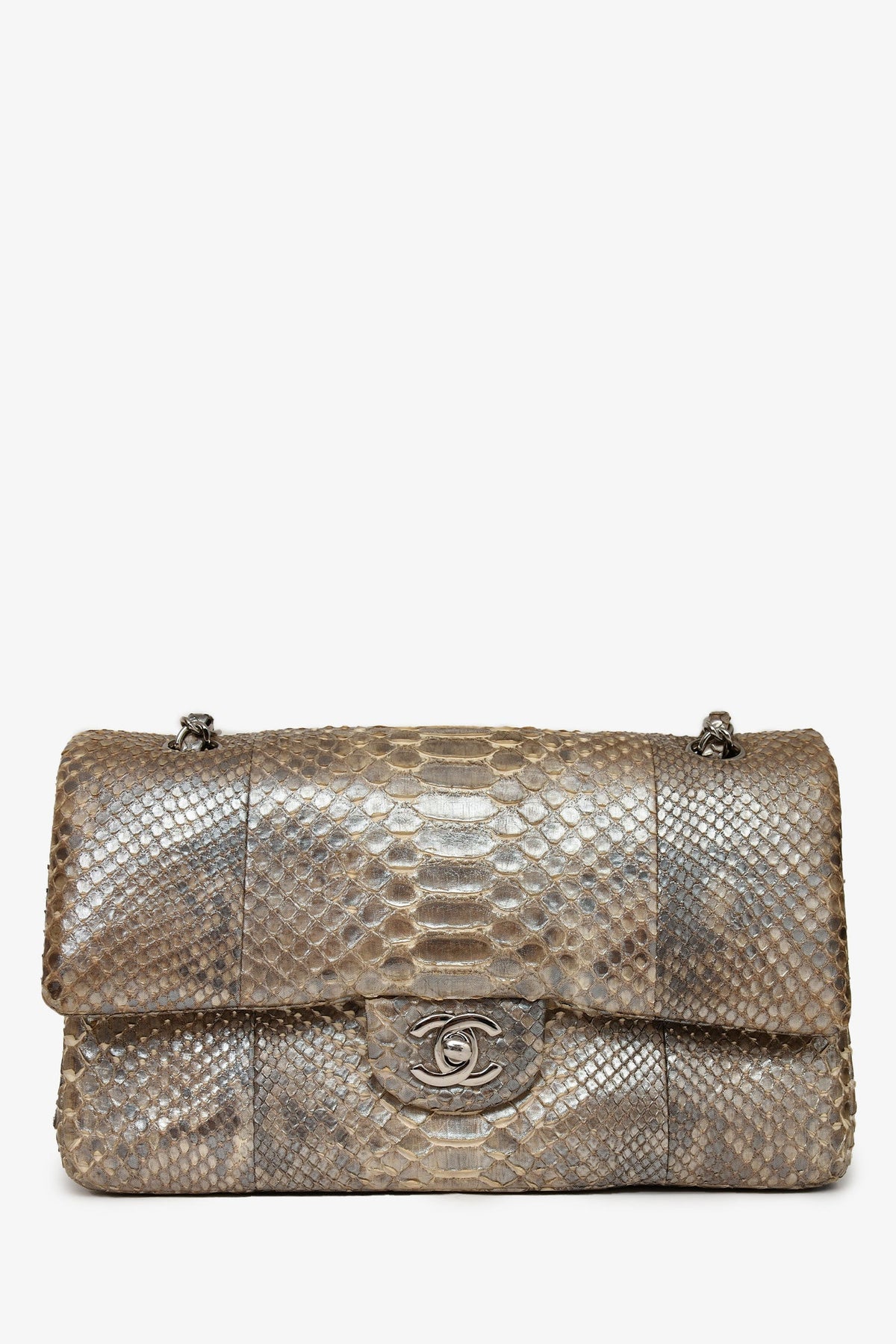 Pre-Loved Chanel™ 2012 Silver Metallic Python Leather Classic Double Flap