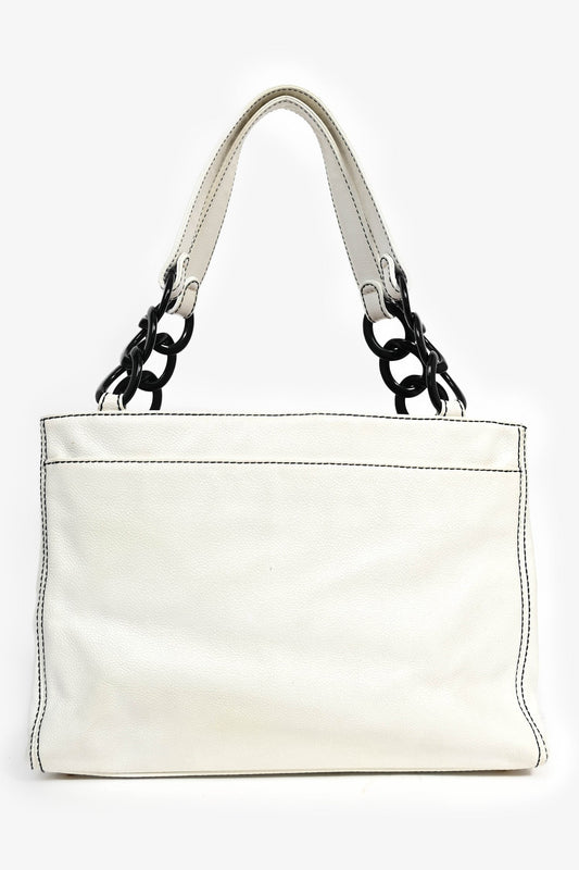 Pre-Loved Chanel™ 2004-05 White Caviar Leather Black Resin CC Chain Link Tote Bag