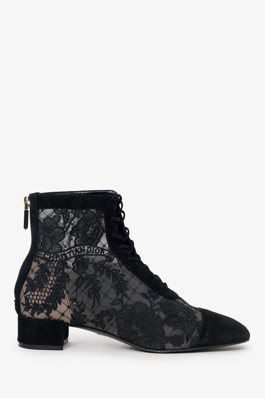 Christian Dior Black Suede/Mesh Embroidered Naughtily-D Ankle Boots Size 38.5