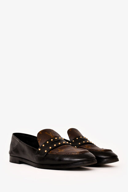 Louis Vuitton Black/Brown Calfskin Monogram Studded Loafers Size 36