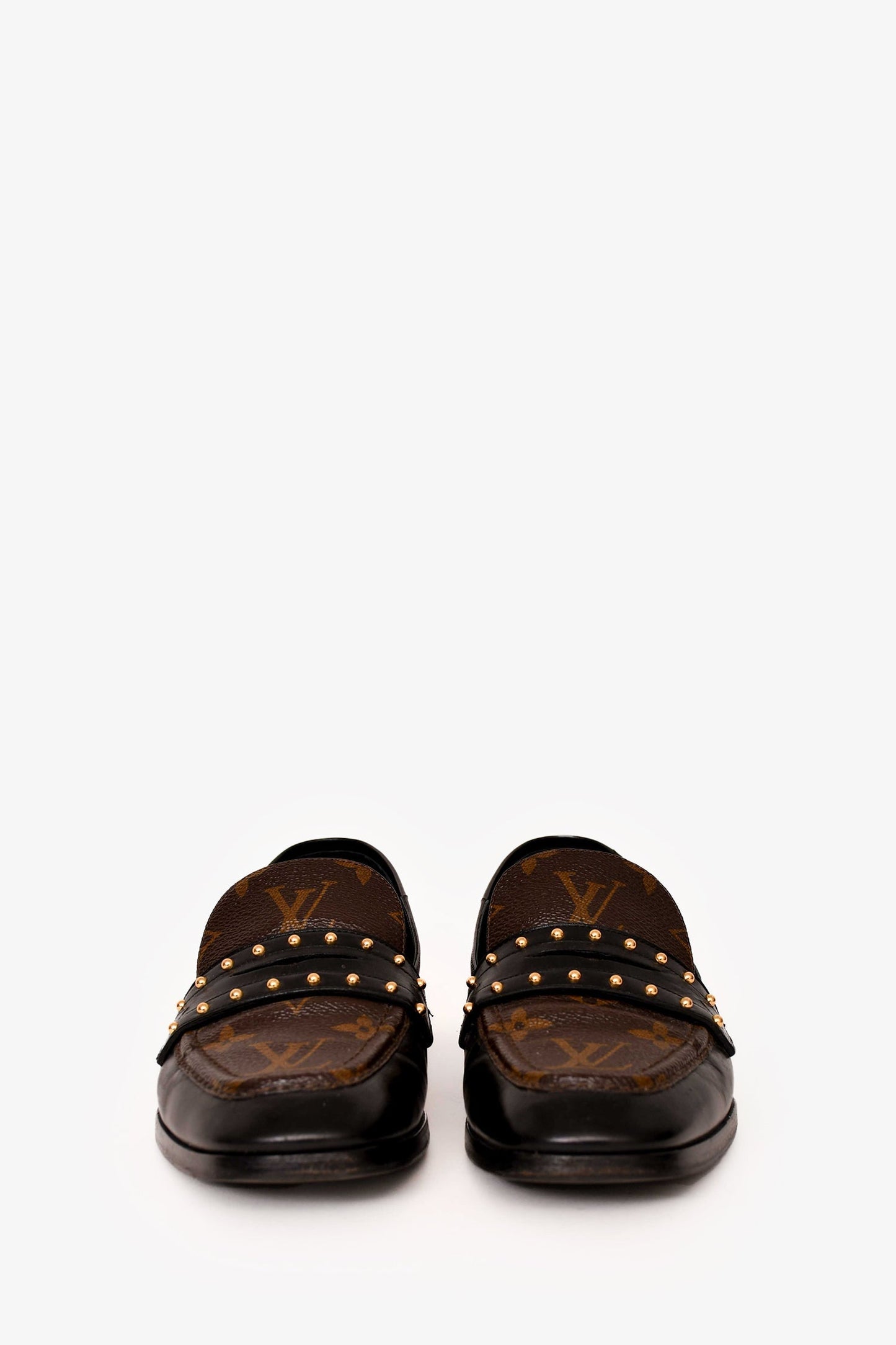 Louis Vuitton Black/Brown Calfskin Monogram Studded Loafers Size 36