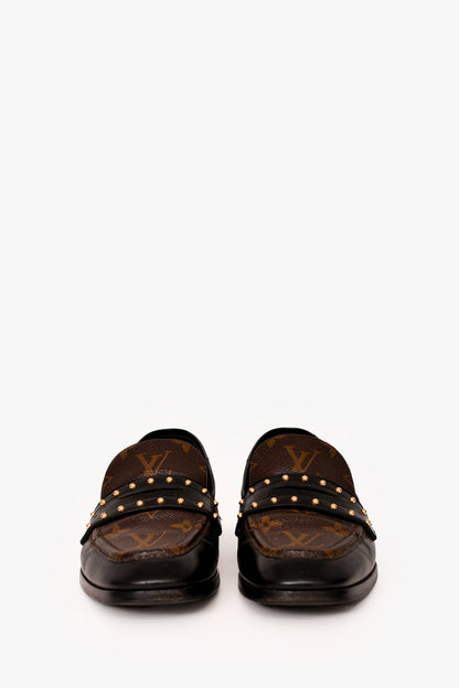 Louis Vuitton Black/Brown Calfskin Monogram Studded Loafers Size 36