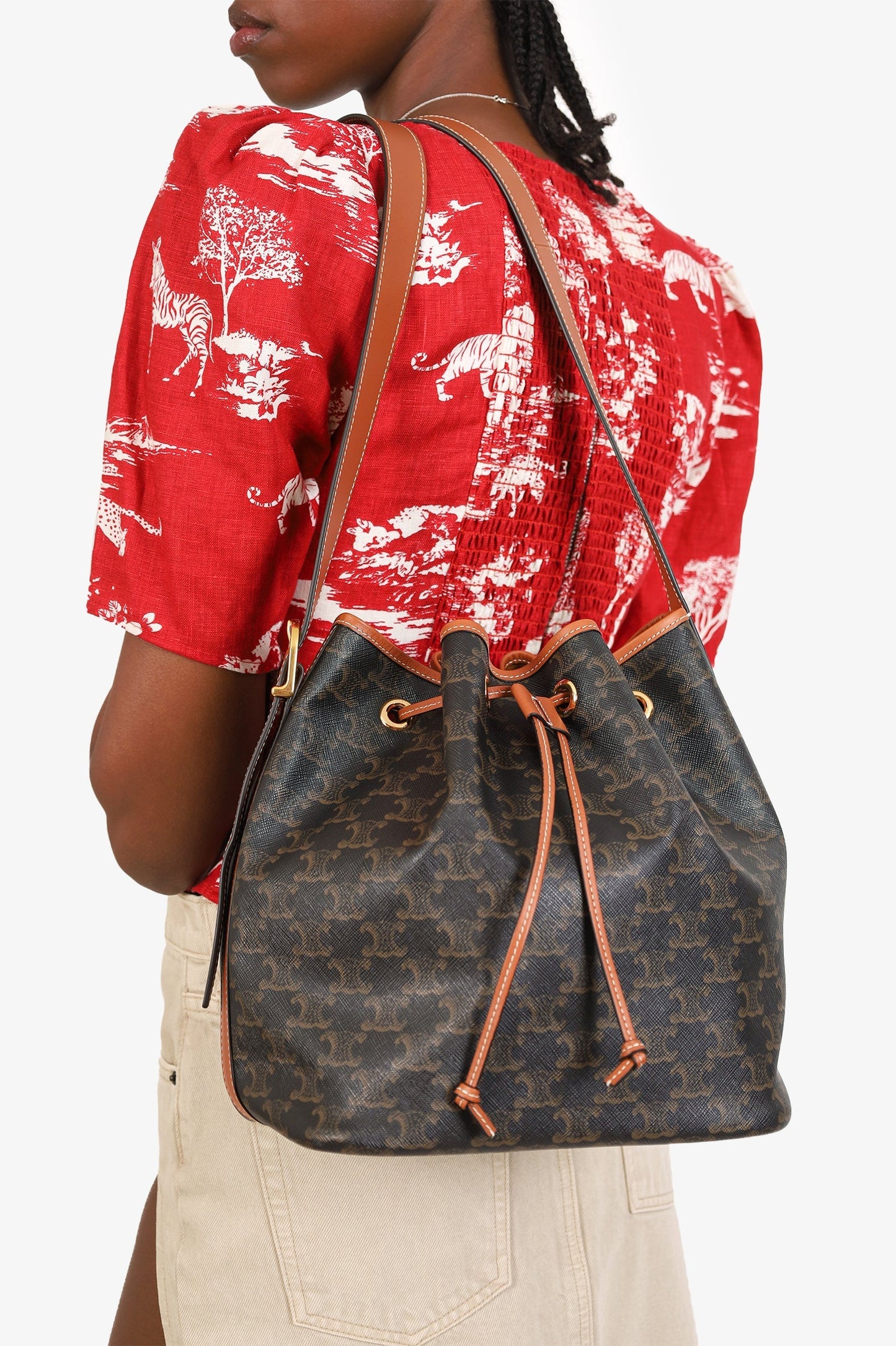 Celine Brown Triomphe Canvas Drawstring Bucket Bag