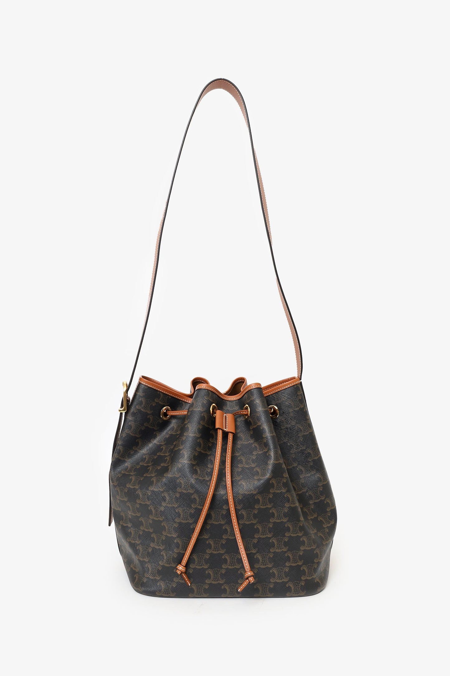 Celine Brown Triomphe Canvas Drawstring Bucket Bag
