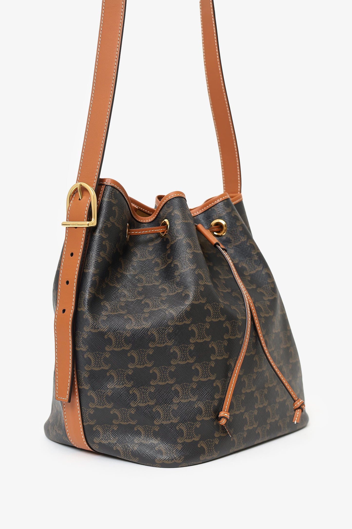 Celine Brown Triomphe Canvas Drawstring Bucket Bag