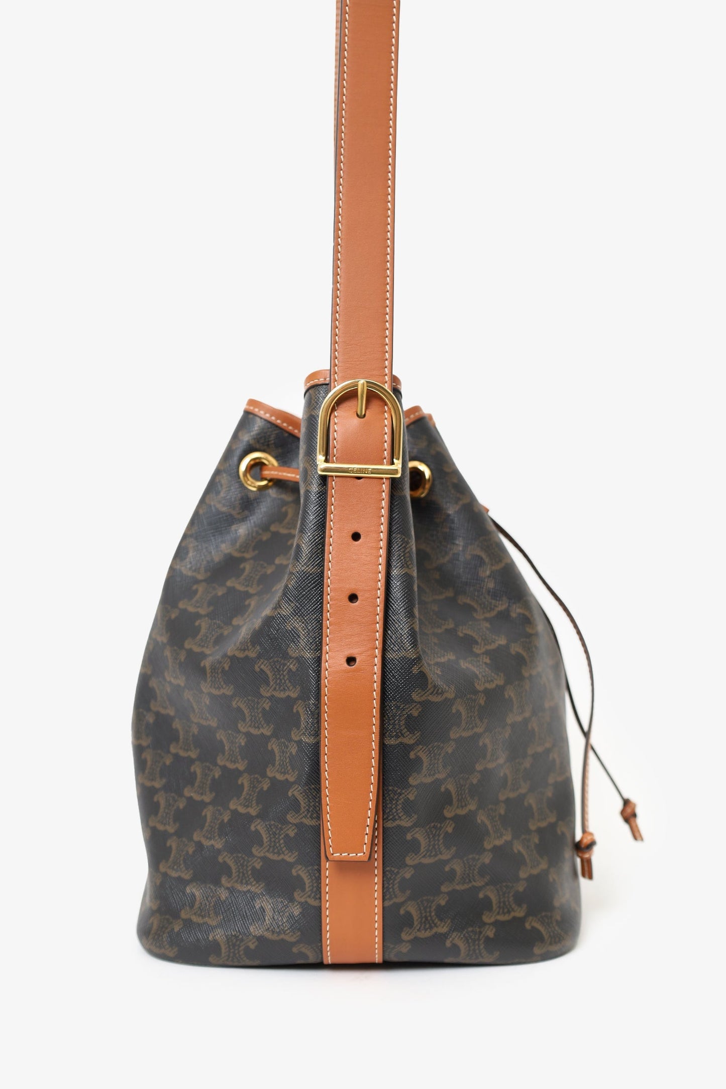 Celine Brown Triomphe Canvas Drawstring Bucket Bag