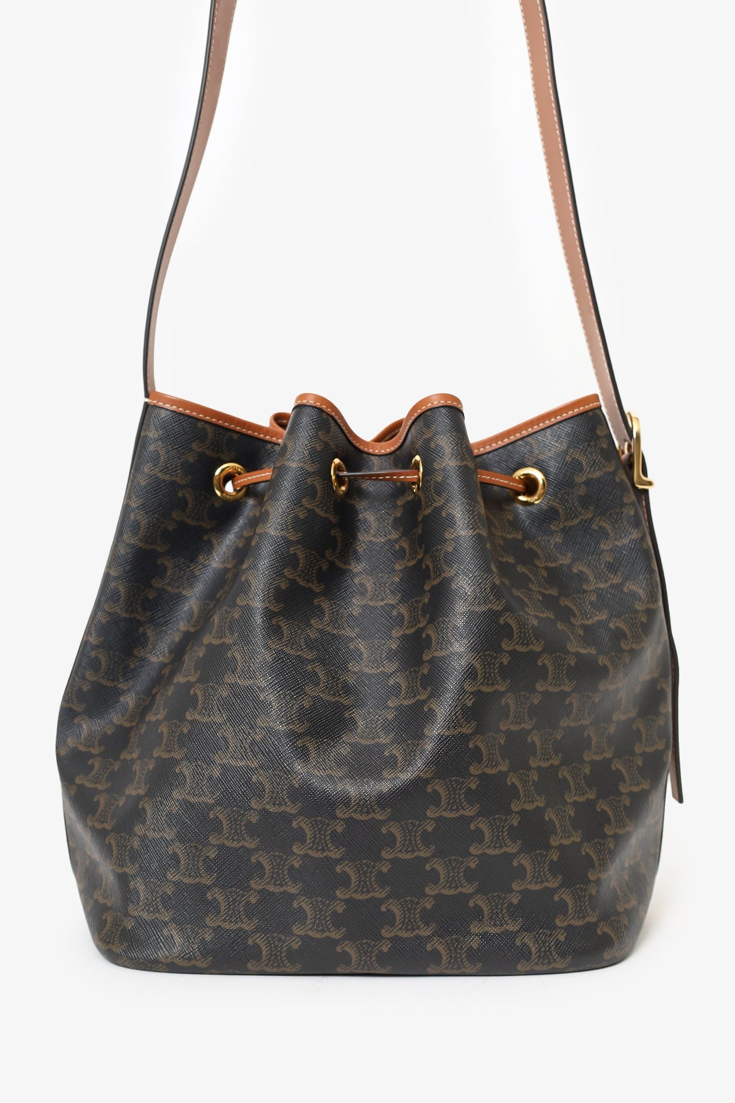 Celine Brown Triomphe Canvas Drawstring Bucket Bag