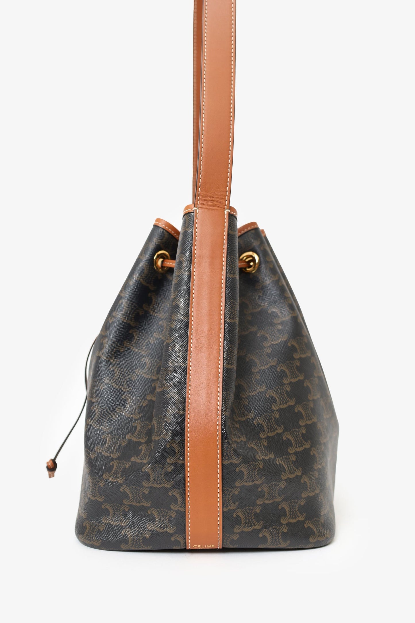 Celine Brown Triomphe Canvas Drawstring Bucket Bag
