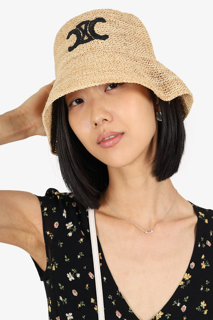 Celine Neutral Logo Crest Raffia Bucket Hat Size S